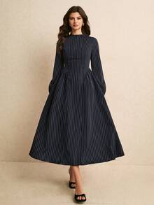 Poéselle Women's Striped Casual Party Long Dress,Suitable For The Office Or Teachers' Day.Winter Dress - Navy Blue - View 7