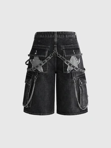 ROMWE Grunge Punk 音樂節穿搭 龐克金屬鉚釘 寬鬆寬腿牛仔中長褲 - 灰色 - 查看 2