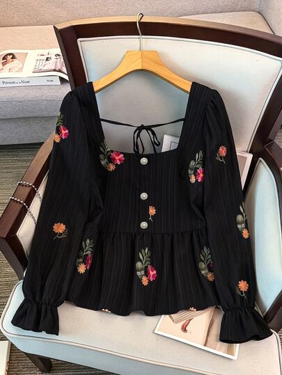 GlowEve CURVE Plus Size Women's Best-Selling Square Neck Elegant Fresh Embroidered Fabric Square Neck A-Line Doll Style Blouse, Exquisite Embroidery Backless Tie-Up Design With Faux Pearl Buttons, Suitable For Daily Commute, Outings, Dates, Gatherings And Travel