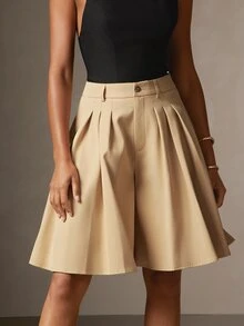 Hauture Celana Pendek Capri Lipit Kaki Lebar Warna Polos Kasual Seksi untuk Wanita - Khaki - View 2