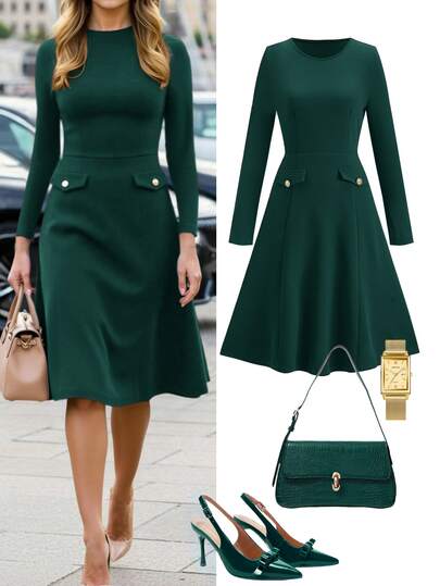 SHEIN Clasi Burgundy Elegant Long Sleeve Dress, Suitable For Daily Commute Wear