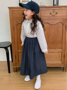 Dazy Kids تنورة كاجوال متعددة الاستخدامات بلون موحد للبنات المراهقات للاستخدام اليومي في فصل الخريف - أزرق بحري - مشاهدة 3
