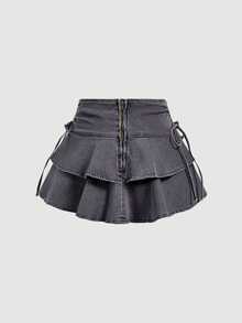 SHEIN MOD 女款街頭風荷葉邊下擺綁帶腰牛仔迷你裙 - 灰色 - 查看 2
