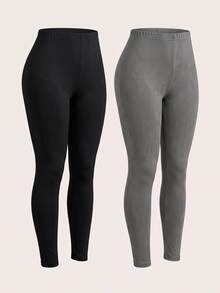 SHEIN BASICS 大尺碼女款保暖刷毛純色彈性腰休閒柔軟修身百搭內搭褲 正式健身適用 黑色 秋冬 - 彩色 - 查看 12