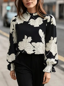 Editum 女款花卉圖案荷葉領長袖優雅襯衫 - 灰色 - 查看 5