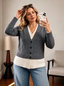 Vionelle Grey And White Colorblock 2 In 1 V-Neck Knit Cardigan, Single-Breasted Hem Splice Cropped Long Sleeve Plus Size Sweater Jacket Winter - Grey - View 3