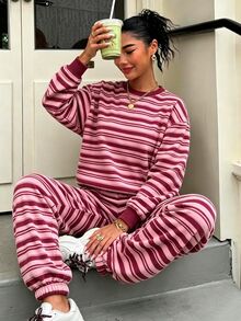 Breezaya 2 Pieces Women's Loose Striped Crew Neck Drop Shoulder Sweatshirt And Striped Pants, Winter Set Fall - Multicolor - View 1