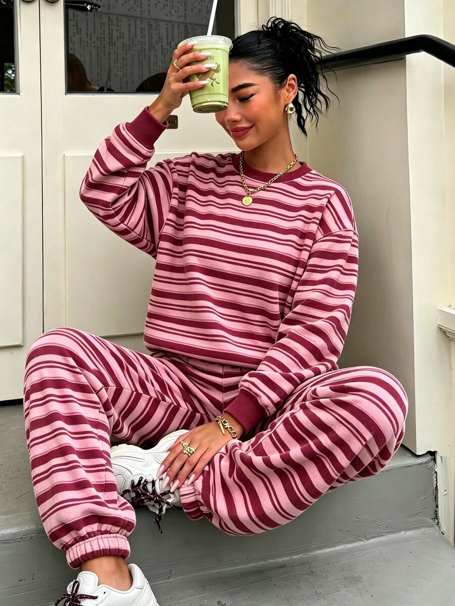 Breezaya 2 Pieces Women's Loose Striped Crew Neck Drop Shoulder Sweatshirt And Striped Pants, Winter Set Fall - Multicolor - View 1