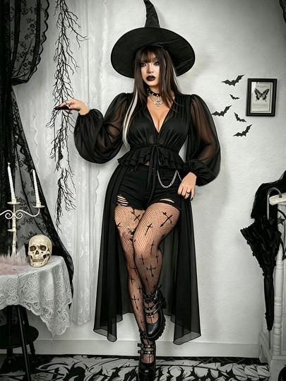 Yalmera Plus-Size Elegant Black Chiffon Long Halloween Outerwear Featuring A Tie-Front Bow And Cascading Ruffles