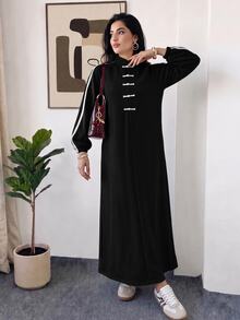 Veilorie 女款秋季休閒青蛙鈕扣長洋裝 - 黑色 - 查看 7