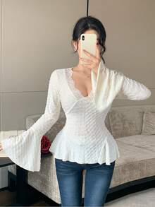 Modelyn Women's Designer V-Neck Bell Sleeve Top - Apricot - View 6