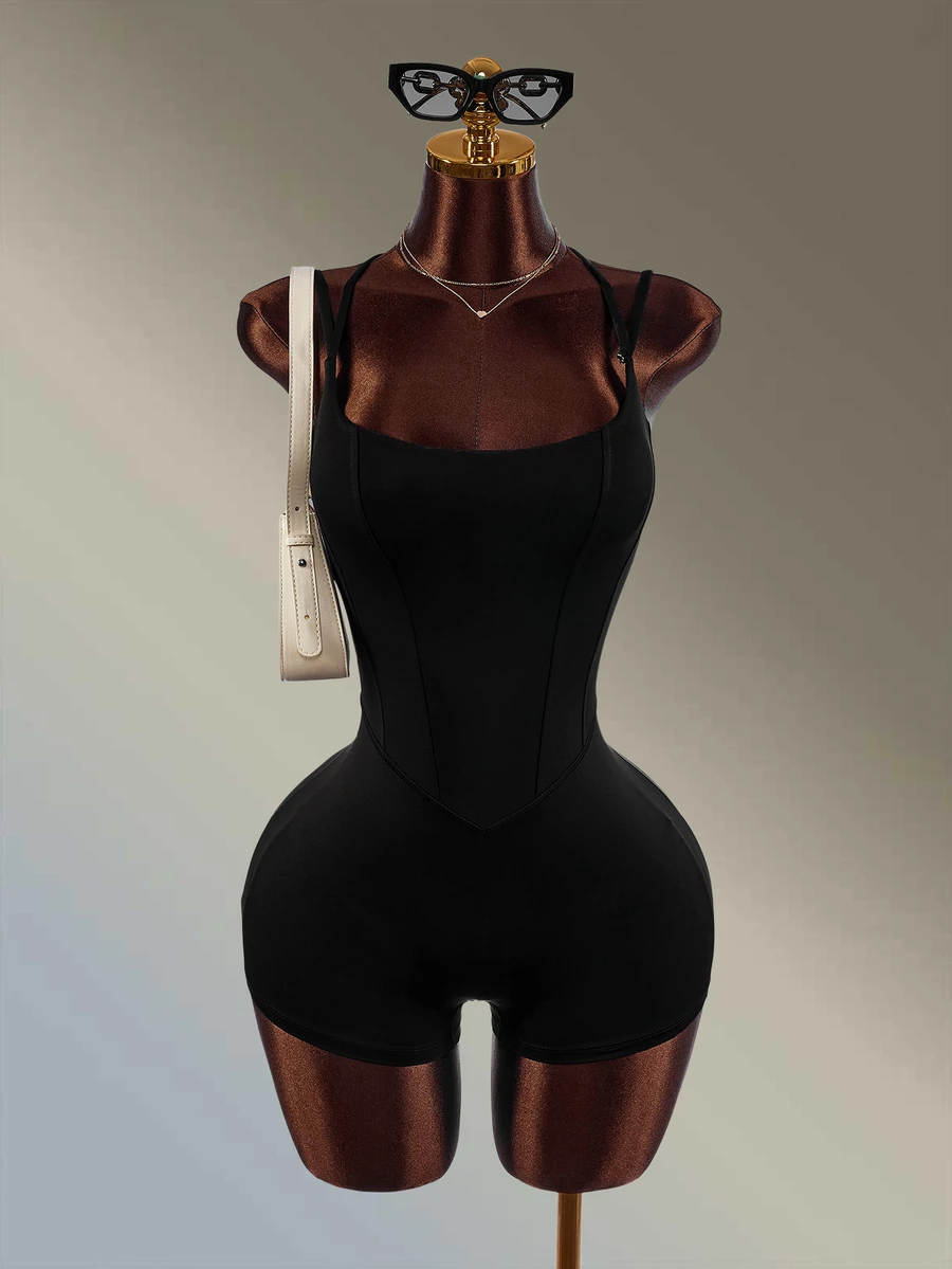 Amplova Women's Double Strap Thin Strap Backless One-Piece Tight Shorts - Black - View 1