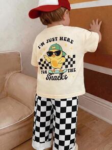 THE HAPPY LOOK 2pcs/Set Baby Boy Summer Street Style Cute Casual Knit Printed Pattern T-Shirt & Checkerboard Pants Set, Red Outfit, Streetwear Set, Infant Boy Set, Cute Outfit - Multicolor - View 1
