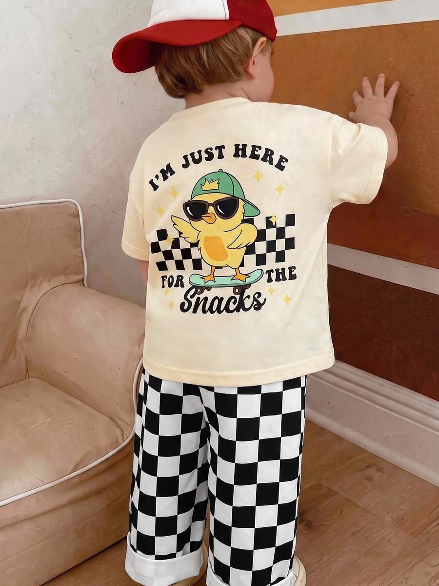 THE HAPPY LOOK 2pcs/Set Baby Boy Summer Street Style Cute Casual Knit Printed Pattern T-Shirt & Checkerboard Pants Set, Red Outfit, Streetwear Set, Infant Boy Set, Cute Outfit - Multicolor - View 1