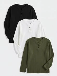 SHEIN 兒童男童純色半鈕扣 Polo 長袖 T 恤 - 白色 - 查看 5