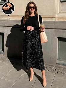SHEIN Maternity Patchwork Polka Dot Pattern Round Neck Long Sleeve Nursing Dress - Black - View 1