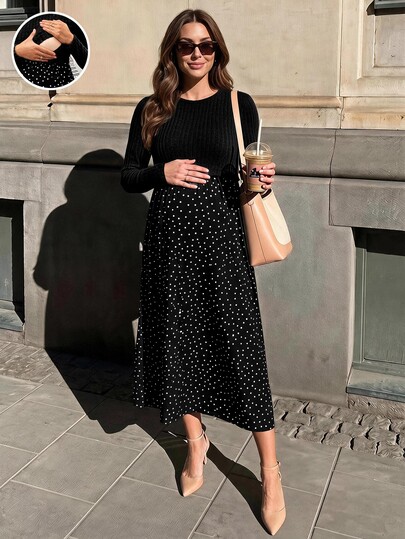 SHEIN Maternity Patchwork Polka Dot Pattern Round Neck Long Sleeve Nursing Dress
