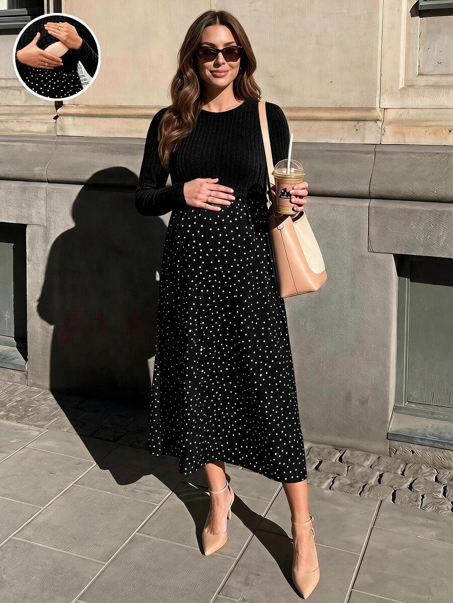 SHEIN Maternity Patchwork Polka Dot Pattern Round Neck Long Sleeve Nursing Dress - Black - View 1