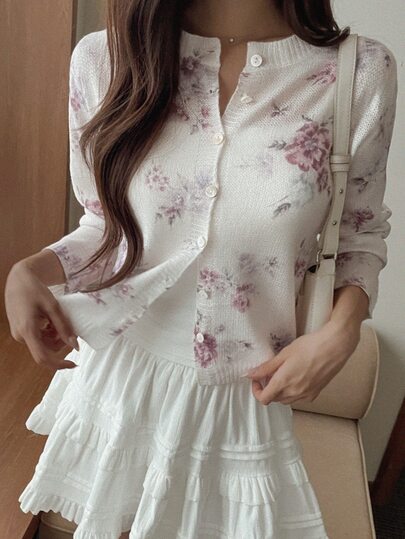 DAZY 女款柔軟單排扣花卉印花針織開襟衫