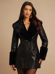 Silquee Fashionable Faux Fur Patchwork Button PU Material Jacket - Black - View 6