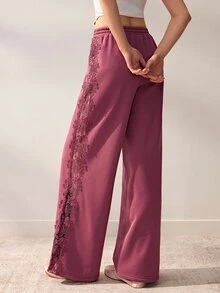 Willow Rêve Women's Purple Loose Straight Leg Patchwork Wide Leg Pants, Side Lace Trim With Drawstring Elastic Waist, Solid Color Casual Romantic Bohemian Style, Suitable For Autumn Vacation And Travel Outfits - Rose Red - View 4