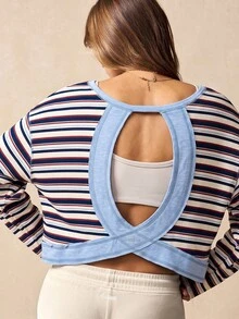 VARSIVA Striped Hollow Back Long Sleeve Sports T-Shirt - Multicolor - View 2