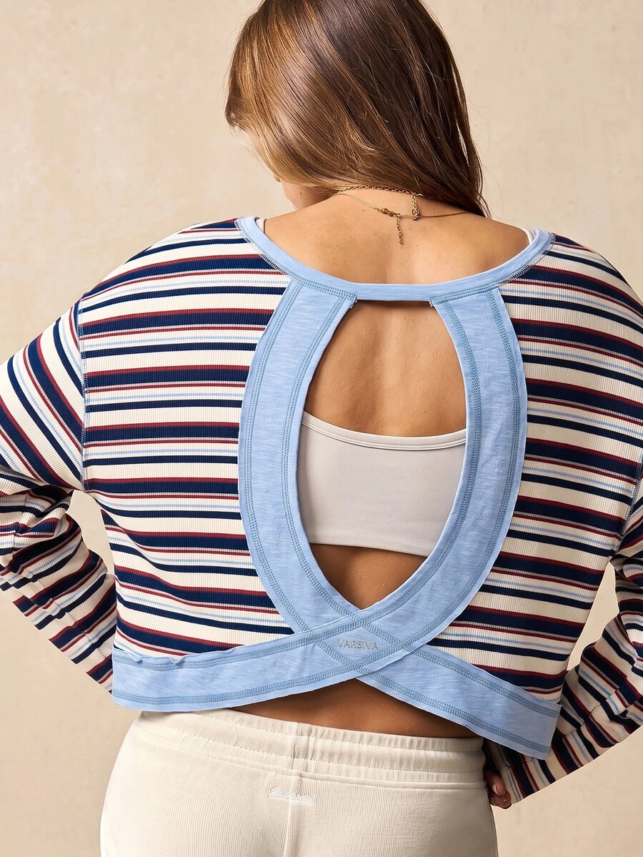 VARSIVA Striped Hollow Back Long Sleeve Sports T-Shirt