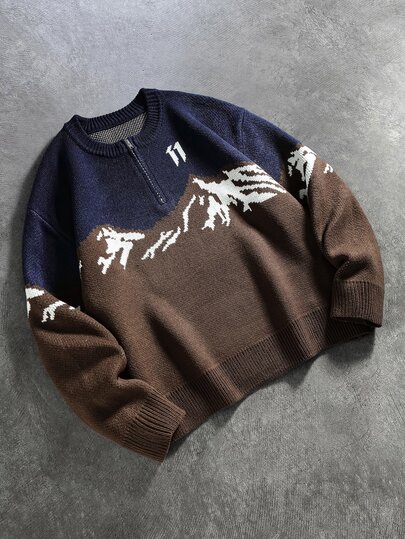 Street Life Suéter de punto jacquard de media apertura con diseño de montaña nevada estilo calle retro para hombres