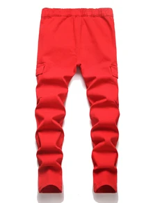 SHEIN 青少年男孩時尚休閒塗鴉圖案紅色設計彈性緊身牛仔褲，適合黑色上學穿搭 - 紅色 - 查看 2
