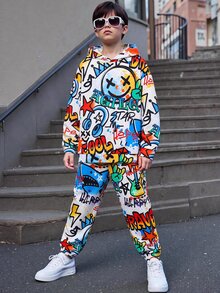 SHEIN 2件組兒童青少年男孩秋季新款休閒極簡寬鬆舒適 King字母紮染漸層街頭運動風長袖連帽衛衣套裝，適合秋冬 - 白色 - 查看 4