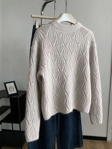 EMERY ROSE Women's Lazy Vintage Small Gold Button Jacquard Round Neck Loose Hollow Knit Cardigan Sweater Jacket, Autumn/Winter - Apricot - View 2
