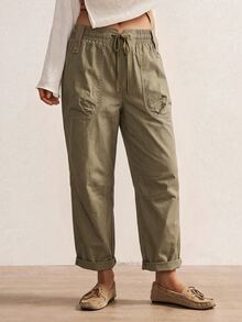 Bohemela Women's Solid Color Casual Cargo Pants For Fall, Perfect For Vacations And Going Out - Army Green - View 3