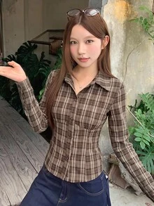 DAZY 純色領口修身短袖白色女式襯衫 - 棕色 - 查看 8