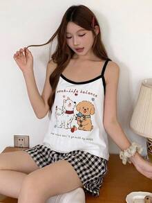 DAZY Happy Puppy Pattern Sleeveless Camisole Tank Top & Plaid Short Pajama Pants 2-Piece Set Summer Women's Sleepwear Outfit - Black - View 5
