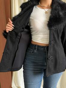 GalTyme Plus Size Women's Fuzzy Patchwork Casual Versatile Daily Long Sleeve Jacket Winter - Black - View 6