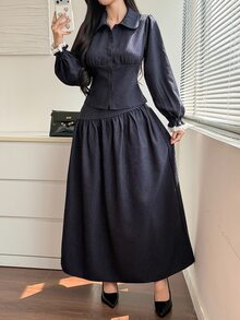Livesso 女款長袖單排扣襯衫與裙子休閒牛仔套裝 秋季 - 藍色 - 查看 3