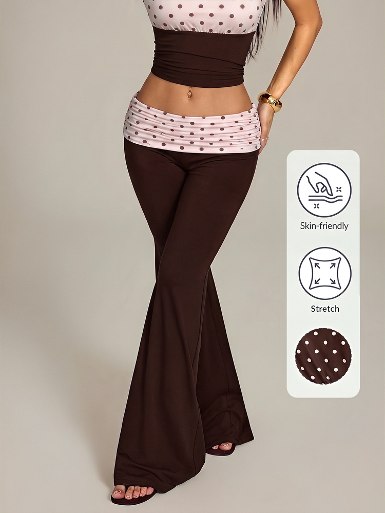 Vivamere Casual Vacation Solid Color Knit Women's Long Pants, Contrast Color Polka Dot Folded Waist Flared Pants - Multicolor - View 4