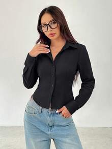 SHEIN PETITE 女款純色長袖單排扣休閒襯衫 - 深灰色 - 查看 5