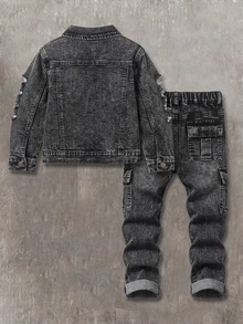 SHEIN Kids 2Pcs/Set Young Boy Distressed Vintage Basic Frayed Blue Denim Long-Sleeved Jacket And Cargo Jeans, Fall/Winter , For Young Boys Back To School - Black - View 3