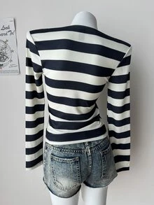Dazy Tall Women's Small V-Neck Long Sleeve Striped Base Layer Casual T-Shirt - Black and White - View 2