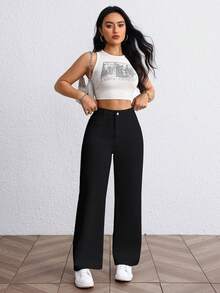 Flexra Tall Fashionable Versatile Solid Color High-Waist Straight Leg Jeans - Black - View 7