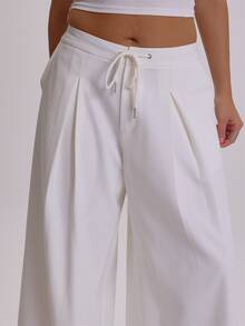MUSERA Plus Size White Drawstring Pintuck Trouser Pants Winter Fall Womens Outfit Casual - Beige - View 5