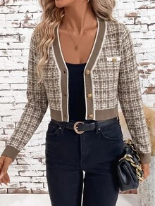 SHEIN Clasi 1件女款白色金邊修身短版開襟衫，格紋圖案，適合秋季/辦公室早午餐優雅穿搭 - 彩色 - 查看 6