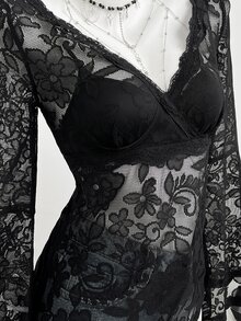 Elamini Women's V-Neck Floral Lace Bell Sleeve Sexy Blouse - Black - View 3
