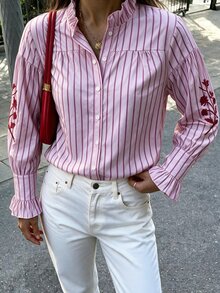 Flora Isola Flora Isola Women's Elegant Korean Style Commuter Ruffle Collar Striped Long Sleeve Blouse, Slimming Casual Striped Shirt (Random Pattern) - Pink - View 3