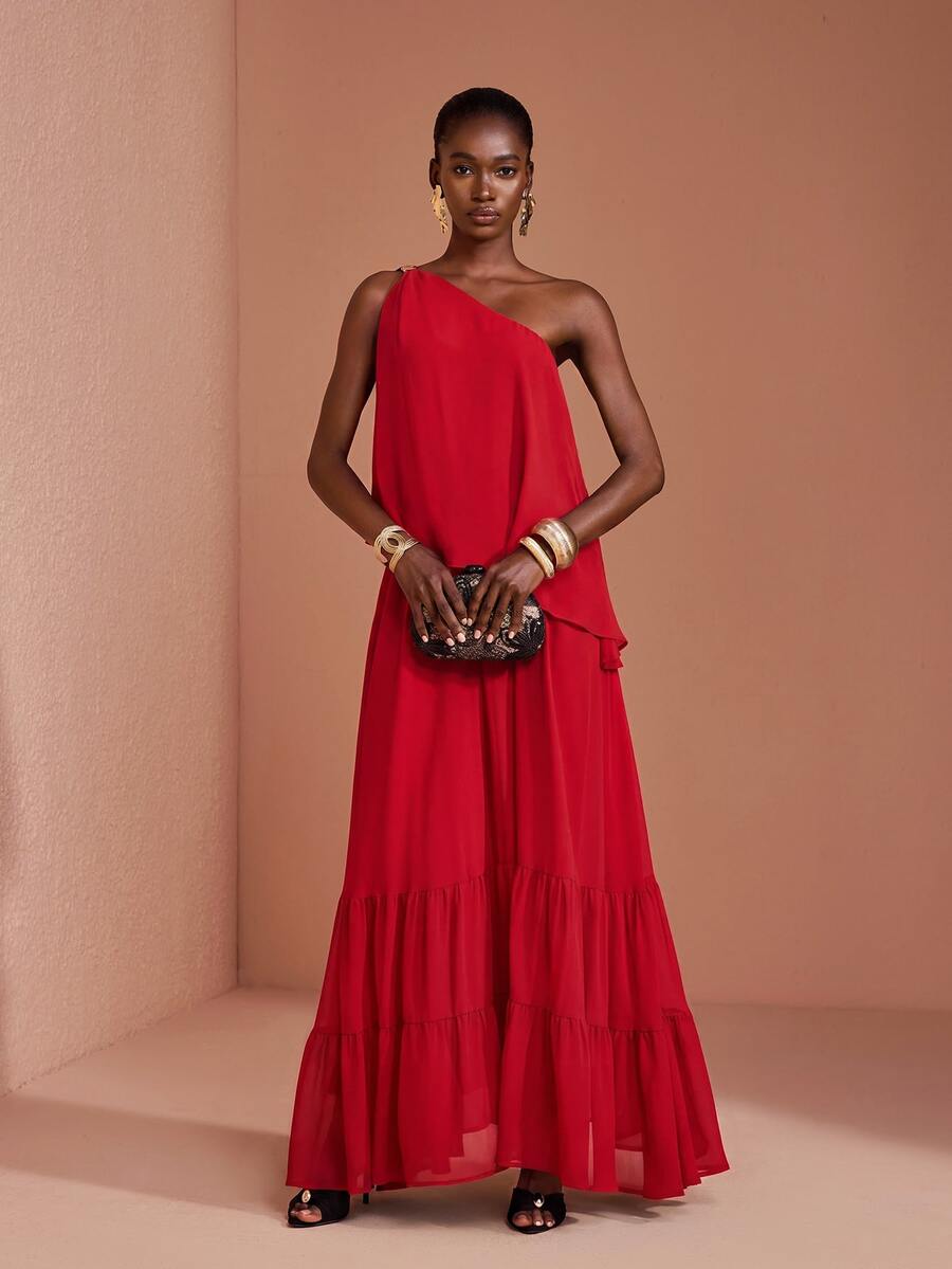 JIAN LASALA Red Chiffon One Shoulder Ruffle Hem Uneven Sleeveless Long Dress Party Vacation - Red - View 1
