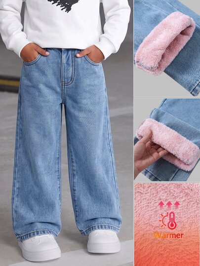 SHEIN Young Girl Thermal Lined Washed Wide Leg Denim Jeans, Light Blue Washed High Waist Elastic Waist Straight Leg Long Pants, Versatile Casual Children's Pants For Autumn/Winter