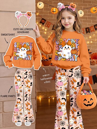 Cute Sweet Orange Halloween Little Ghost Pumpkin Ghost Print, Bow Candy Floral, Young Girl Casual Simple Loose Crew Neck Long Sleeve Sweatshirt Flare Pants 2 Pieces Set Suitable For Autumn/Winter, Quirky Cute, Young Girls Halloween Graphic
