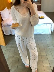 DAZY Women's Solid Color Drop Shoulder Long Sleeve Top, Camisole And Bow Pattern Long Pants Pajama Set Fall - White - View 4