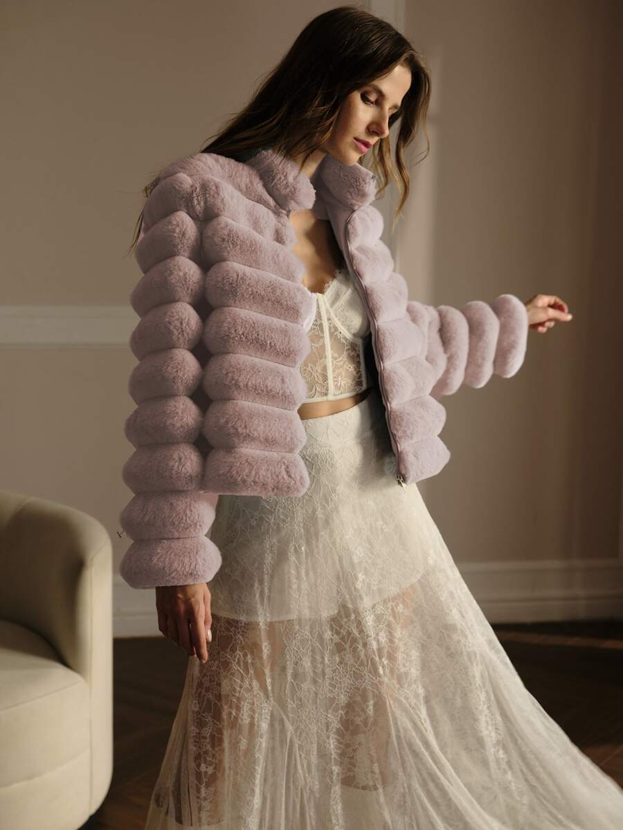 MOTF PREMIUM ZIP UP RIBBED FAUX FUR COAT - Baby Pink - View 2